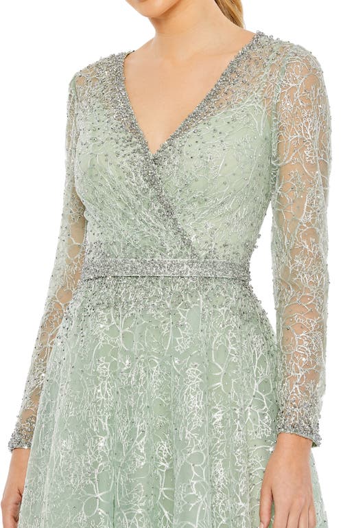 Mac Duggal Embellished Wrap Over Long Sleeve Midi Dress In Sage