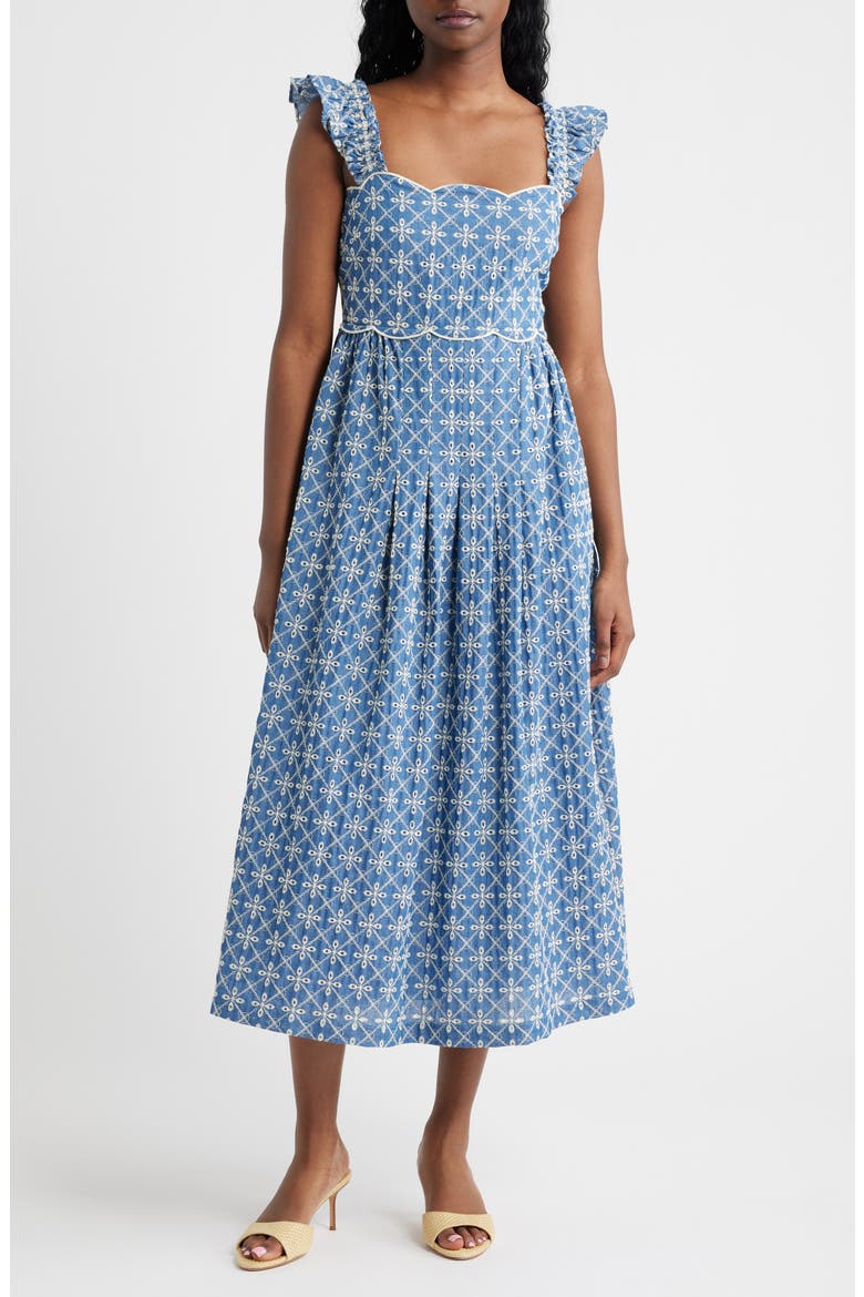 Embroidered Flutter Sleeve Cotton Blend Midi Dress, Main, color, BLUE