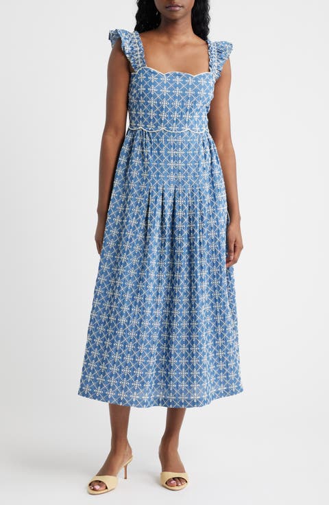 Embroidered Flutter Sleeve Cotton Blend Midi Dress