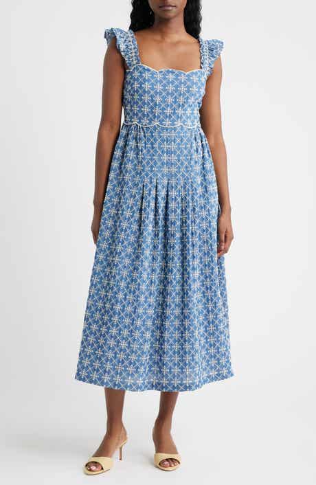 Embroidered Flutter Sleeve Cotton Blend Midi Dress