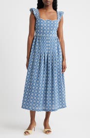 MOON RIVER Embroidered Flutter Sleeve Cotton Blend Midi Dress