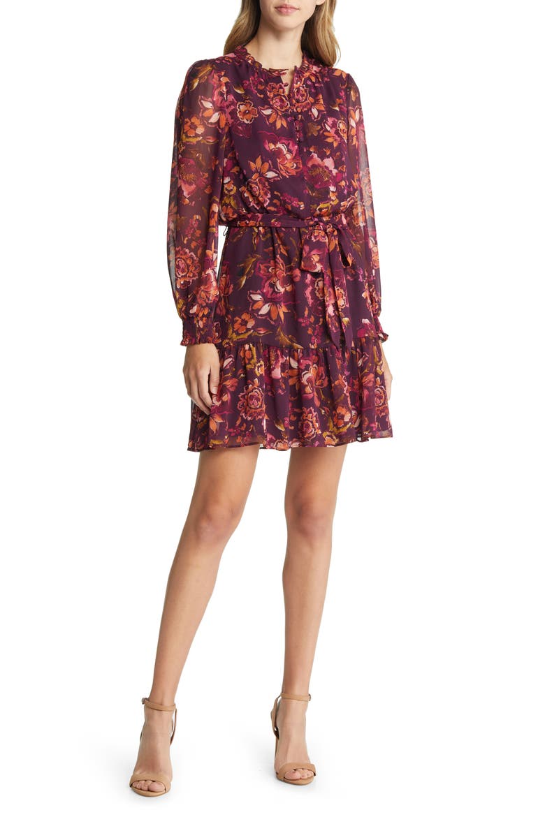 Floral Long Sleeve Chiffon Fit and Flare Dress, Main, color, WINE