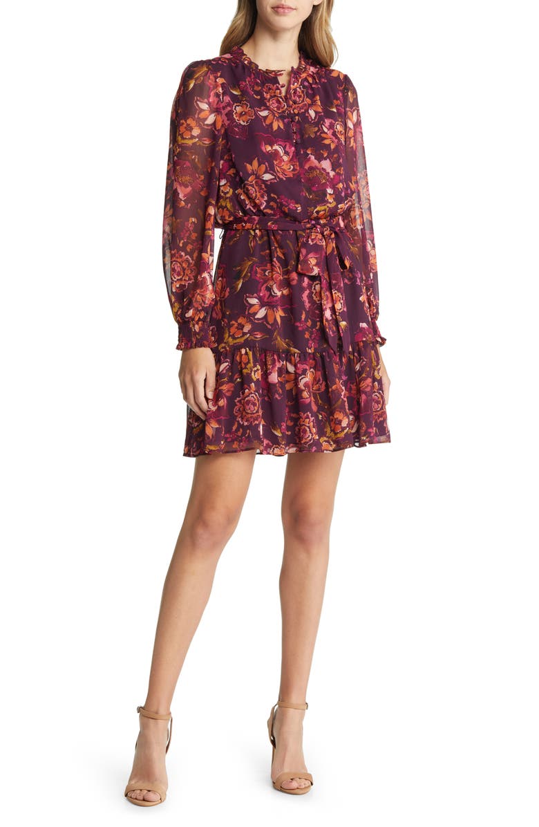 Vince Camuto Floral Long Sleeve Chiffon Fit and Flare Dress, Main, color, 