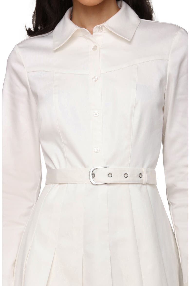 Pleated Belted Long Sleeve Cotton Blend Mini Shirtdress, Alternate, color, WHITE