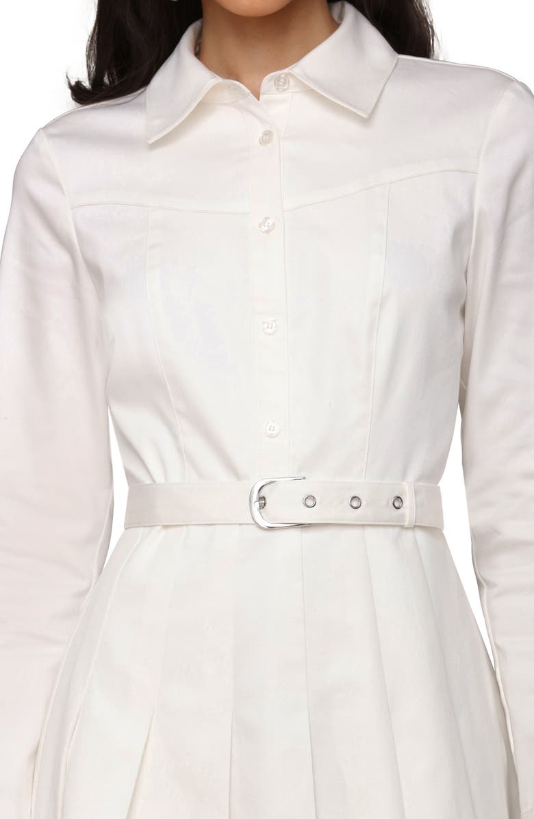 Avec Les Filles Pleated Belted Long Sleeve Cotton Blend Mini Shirtdress, Alternate, color, White