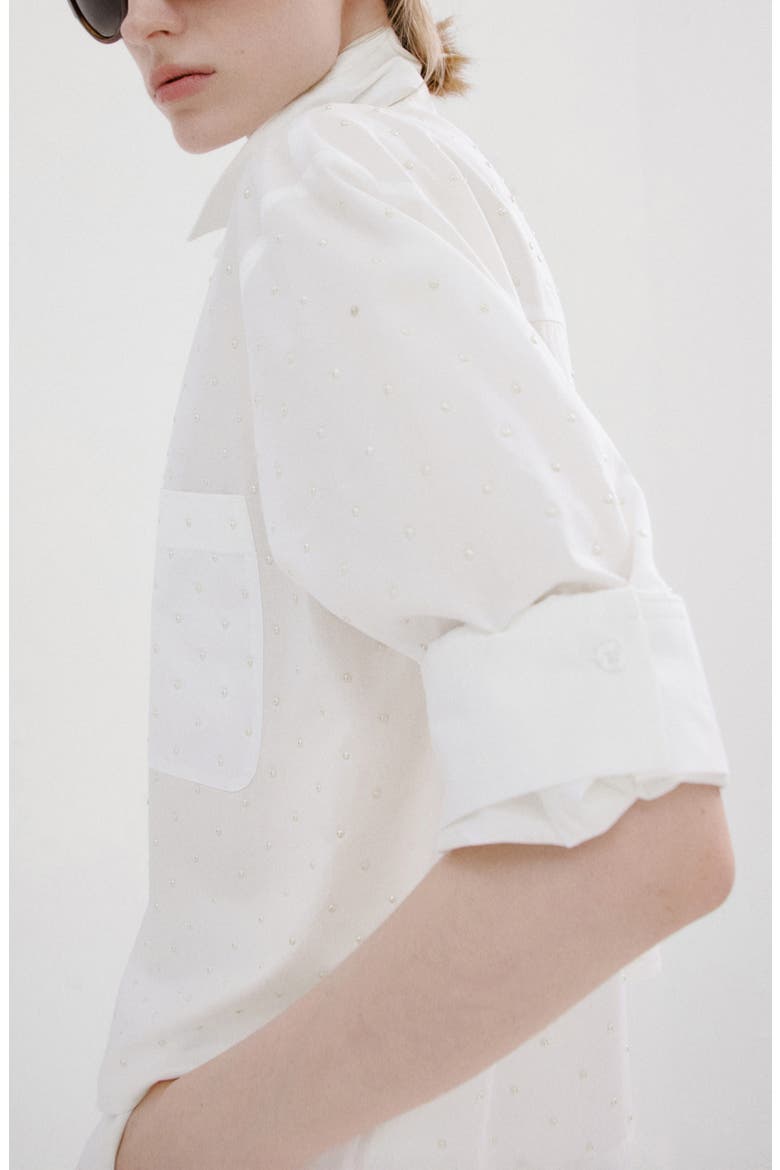 Embellished Faux Pearl Button-Up Shirt, Alternate, color, OFF WHITE