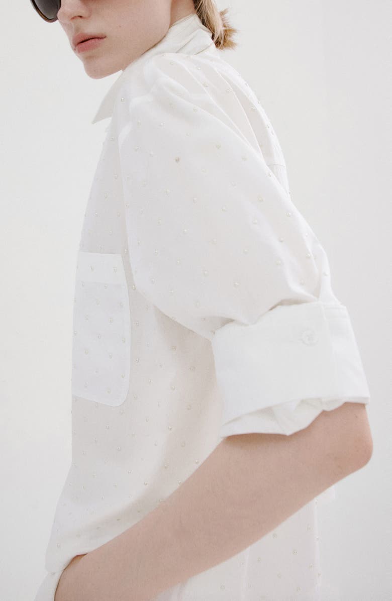 MANGO Embellished Faux Pearl Button-Up Shirt, Alternate, color, Off White