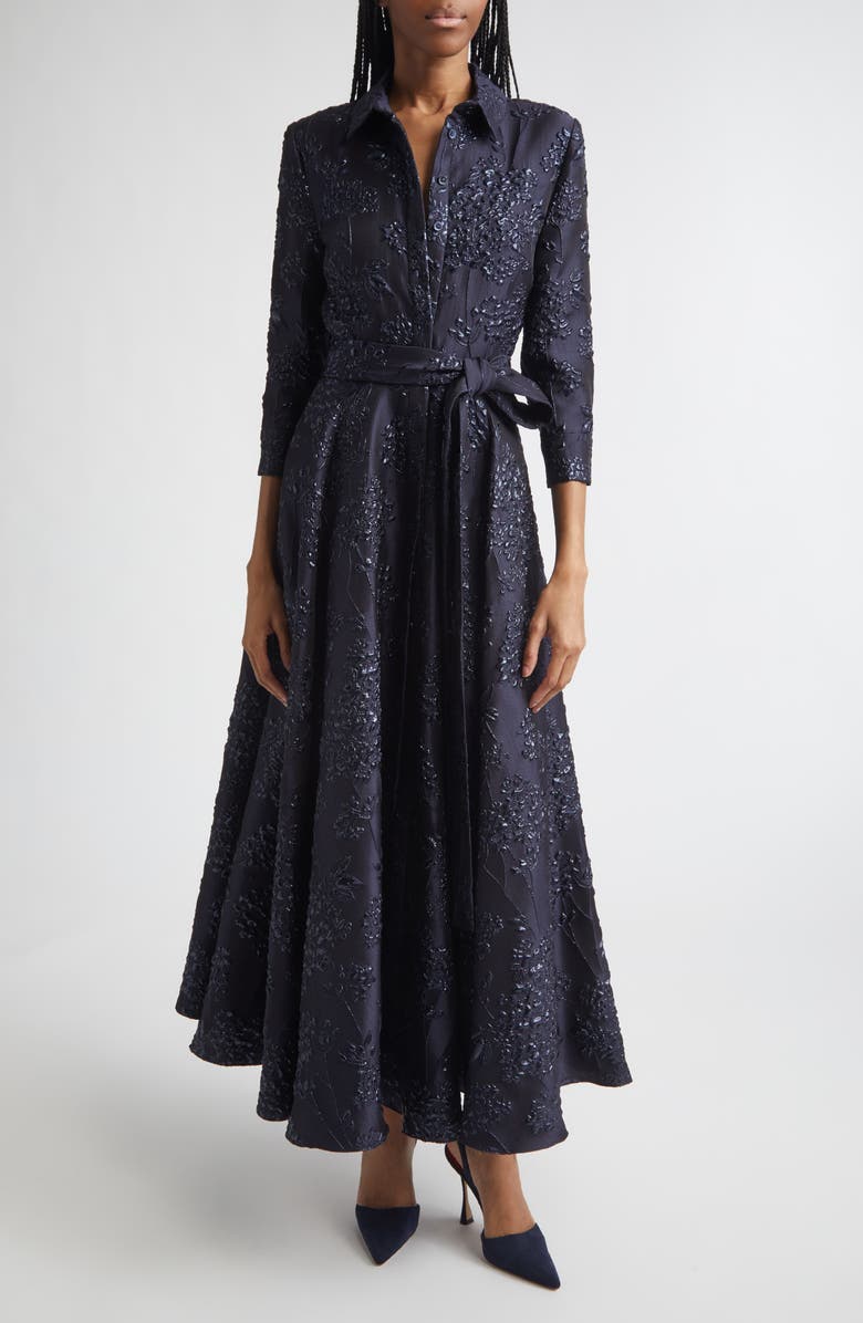 Carolina Herrera Metallic Floral Jacquard Trench Dress, Main, color, Midnight