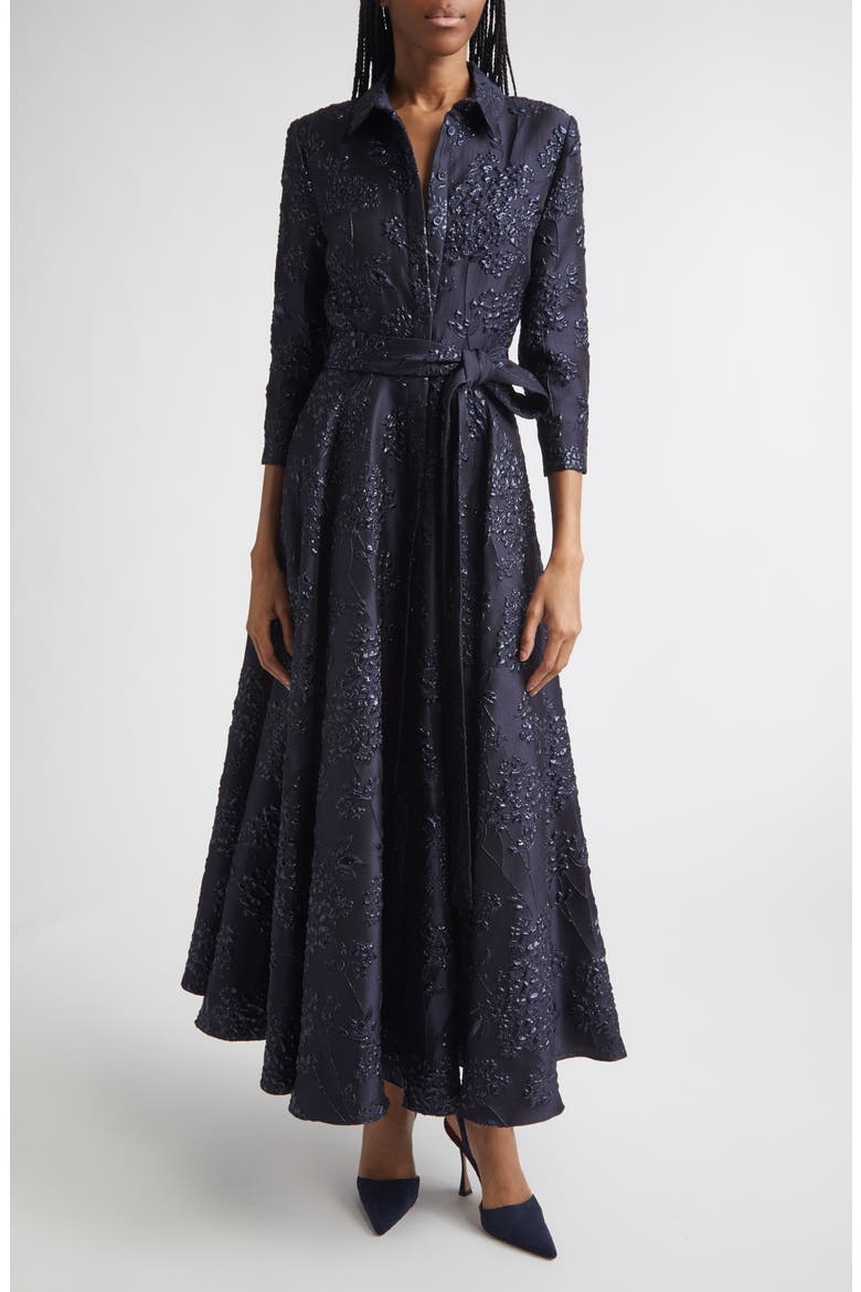 metallic floral jacquard dress Metallic Floral Jacquard Seam Detail Dress Lela Rose