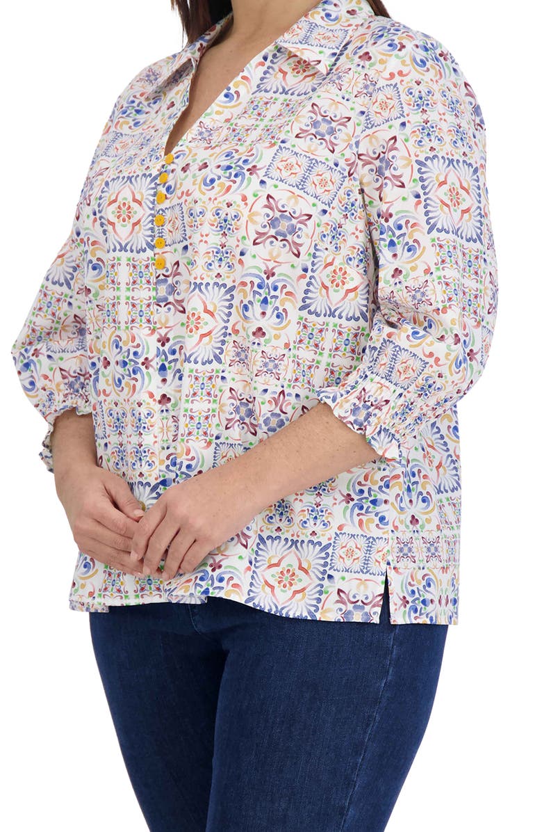 Foxcroft Alexis Watercolor Print Smocked Sleeve Cotton Popover Top, Alternate, color, 