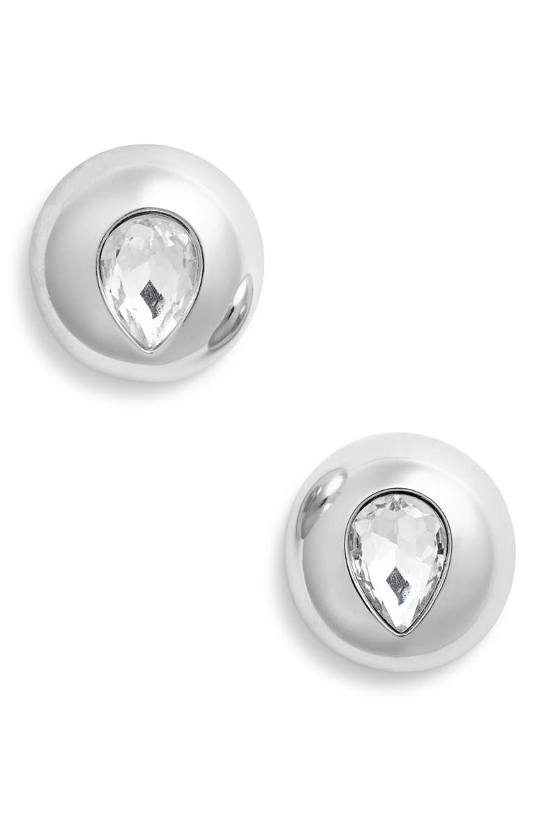 Crystal Teardrop Puffy Button Earrings, Main, color, CLEAR- RHODIUM