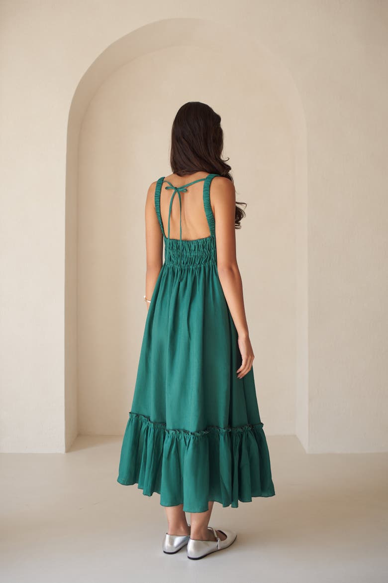 Amara Ruched Midi Linen Dress, Alternate, color, Emerald