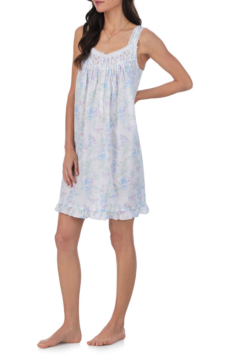 Eileen West Watercolor Floral Sleeveless Short Cotton Lawn Nightgown, Alternate, color,