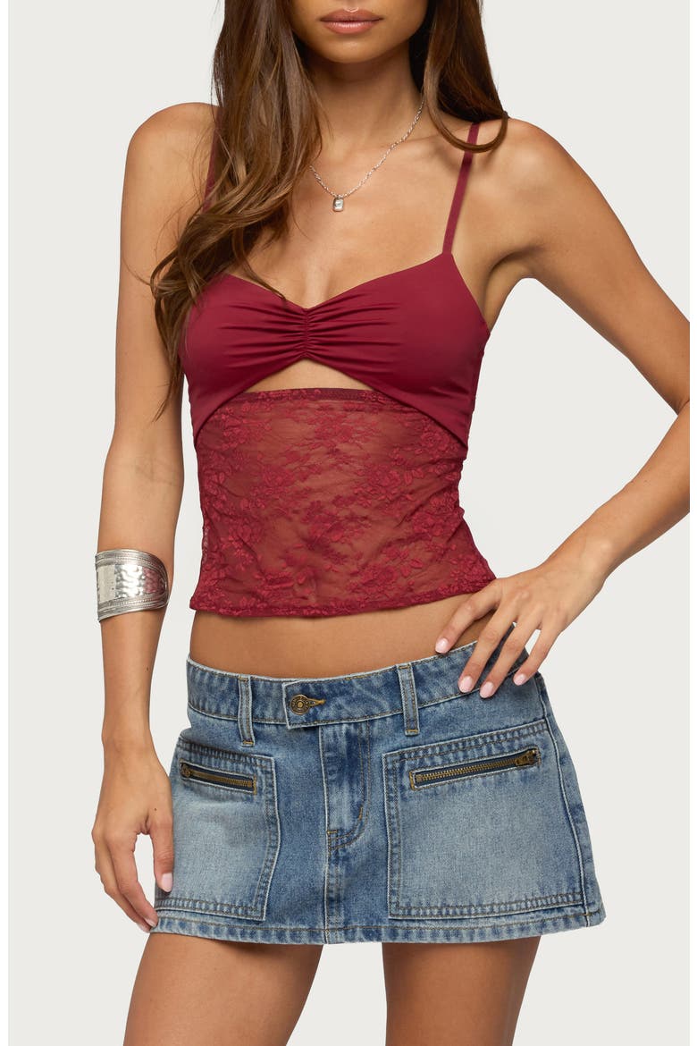 Damarie Sheer Lace Cutout Camisole, Main, color, BURGUNDY