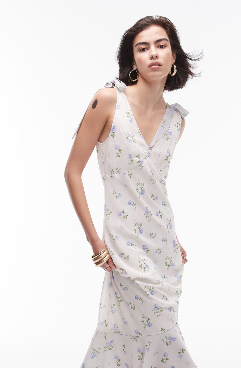 Topshop Floral Bow Strap Handkerchief Hem Dress, Alternate, color, White