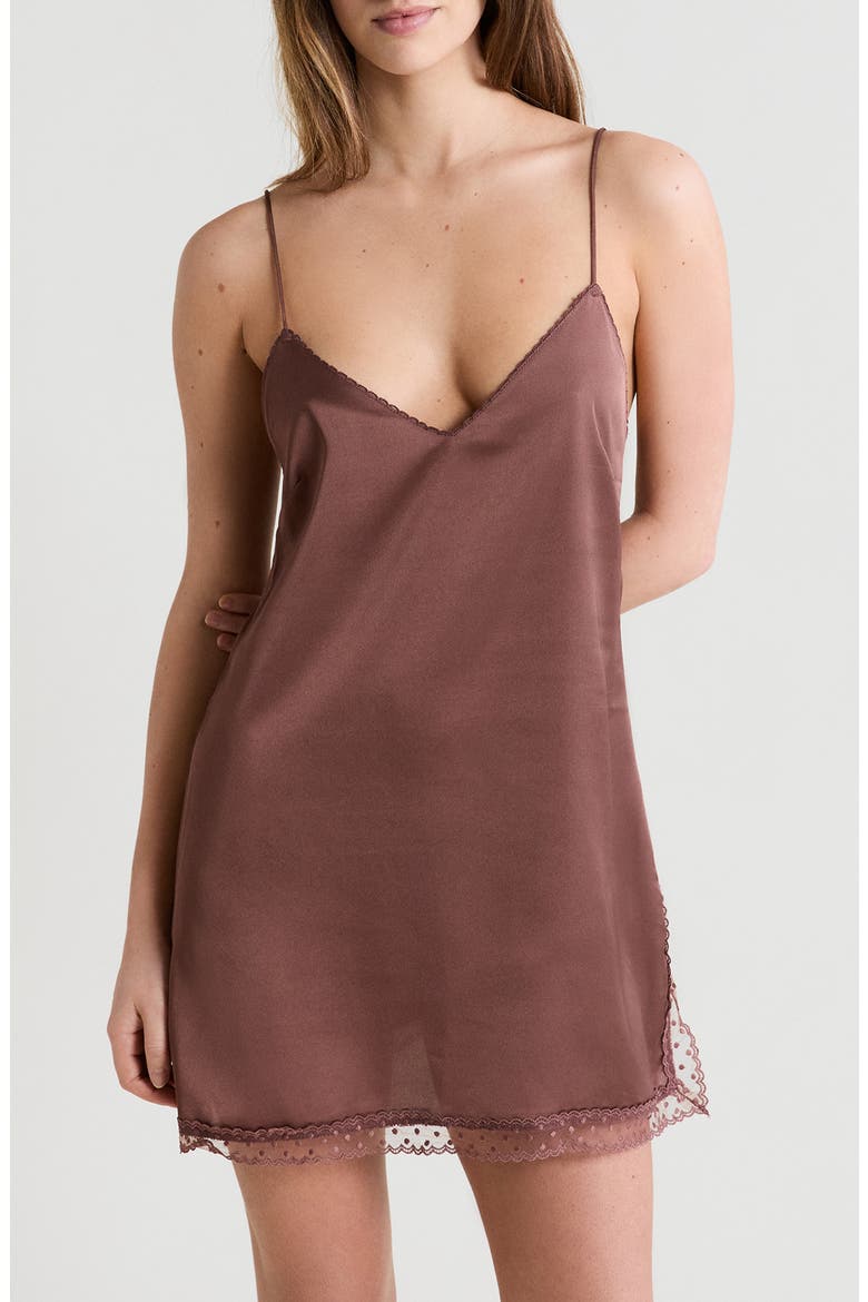 Plume Lace Trim Satin Chemise, Main, color, CHOCOLATE