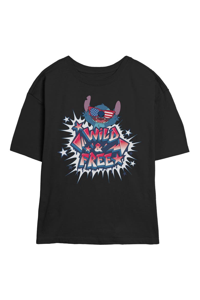 Junior's Lilo & Stitch Troublemaker Wild and Free  Graphic T-Shirt, Main, color, Black
