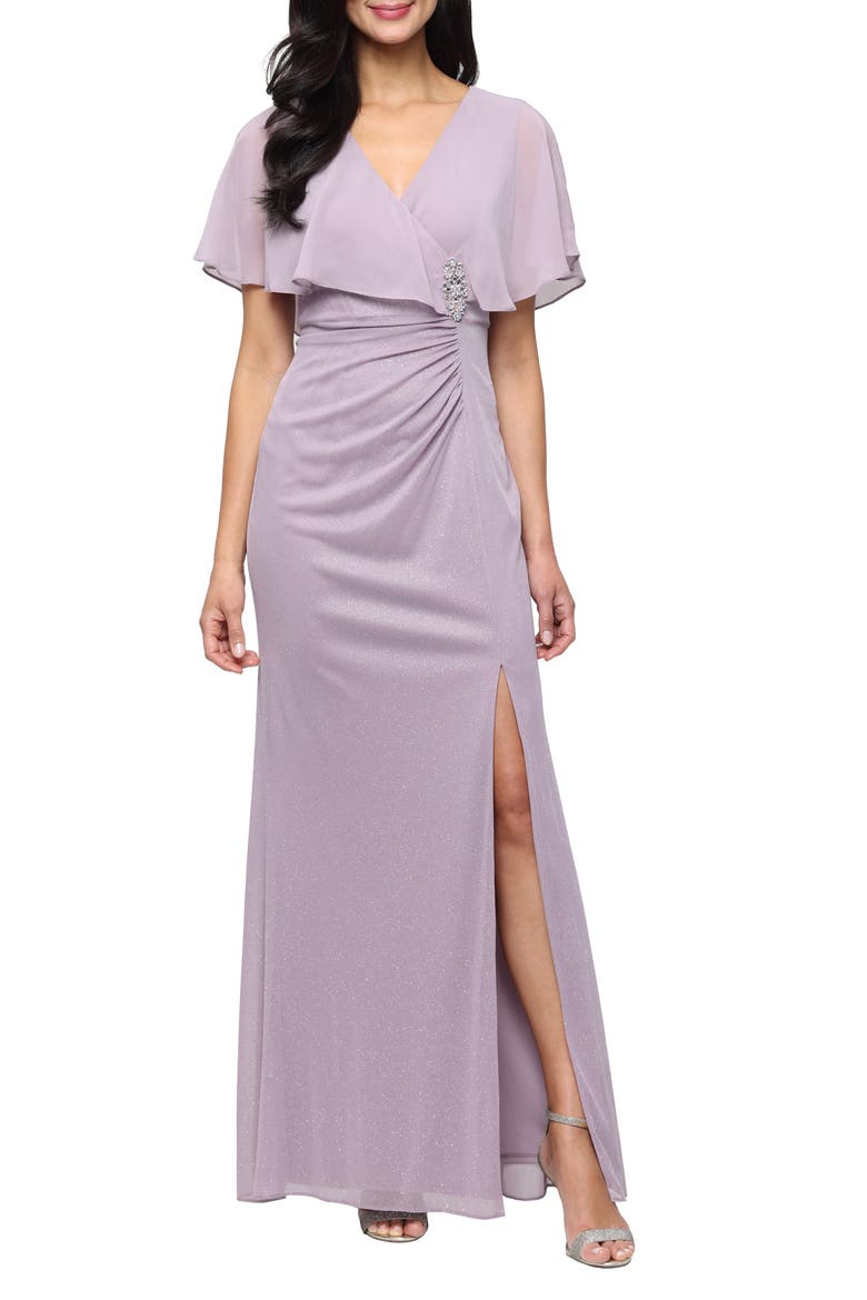 Rhinestone Detail Glitter Mesh Gown, Main, color, MAUVE