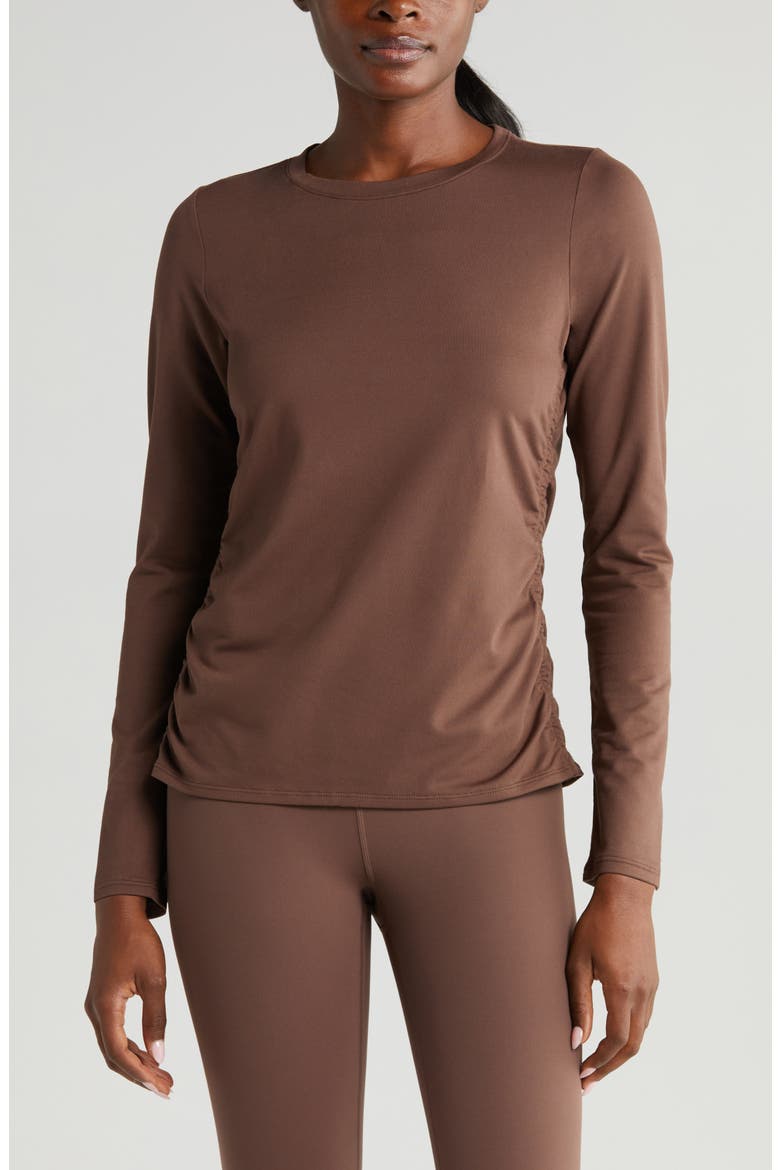 Ruched Long Sleeve T-Shirt, Main, color, BROWN FAWN