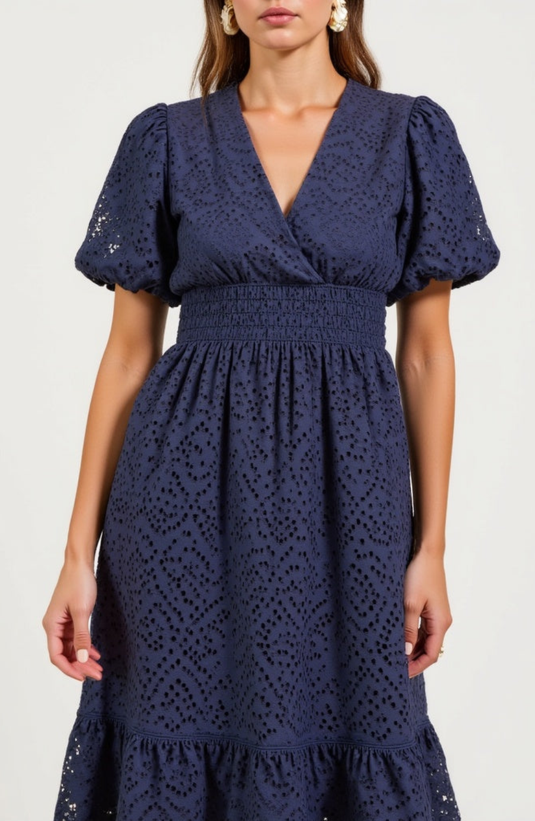 Modenaire Puff-Sleeve Eyelet Midi Dress, Alternate, color, Navy
