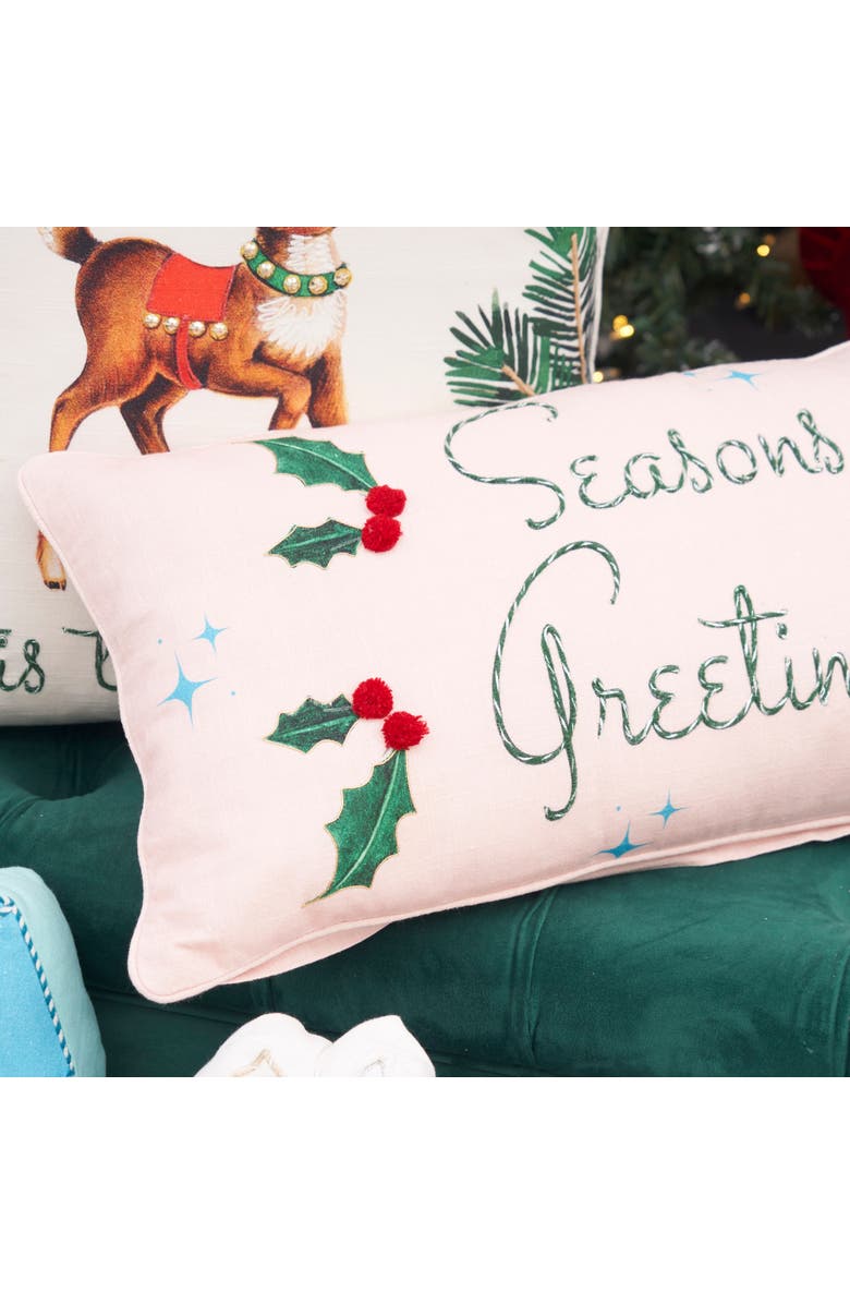C&F Home Holly Leaves & Berries "Seasons Greetings" Cotton Blend Accent Pillow 12" x 24", Alternate, color, Green