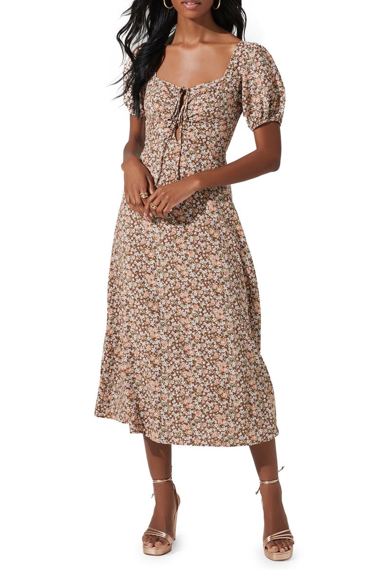 Lace-Up Puff Sleeve Midi Dress, Main, color, BROWN FLORAL