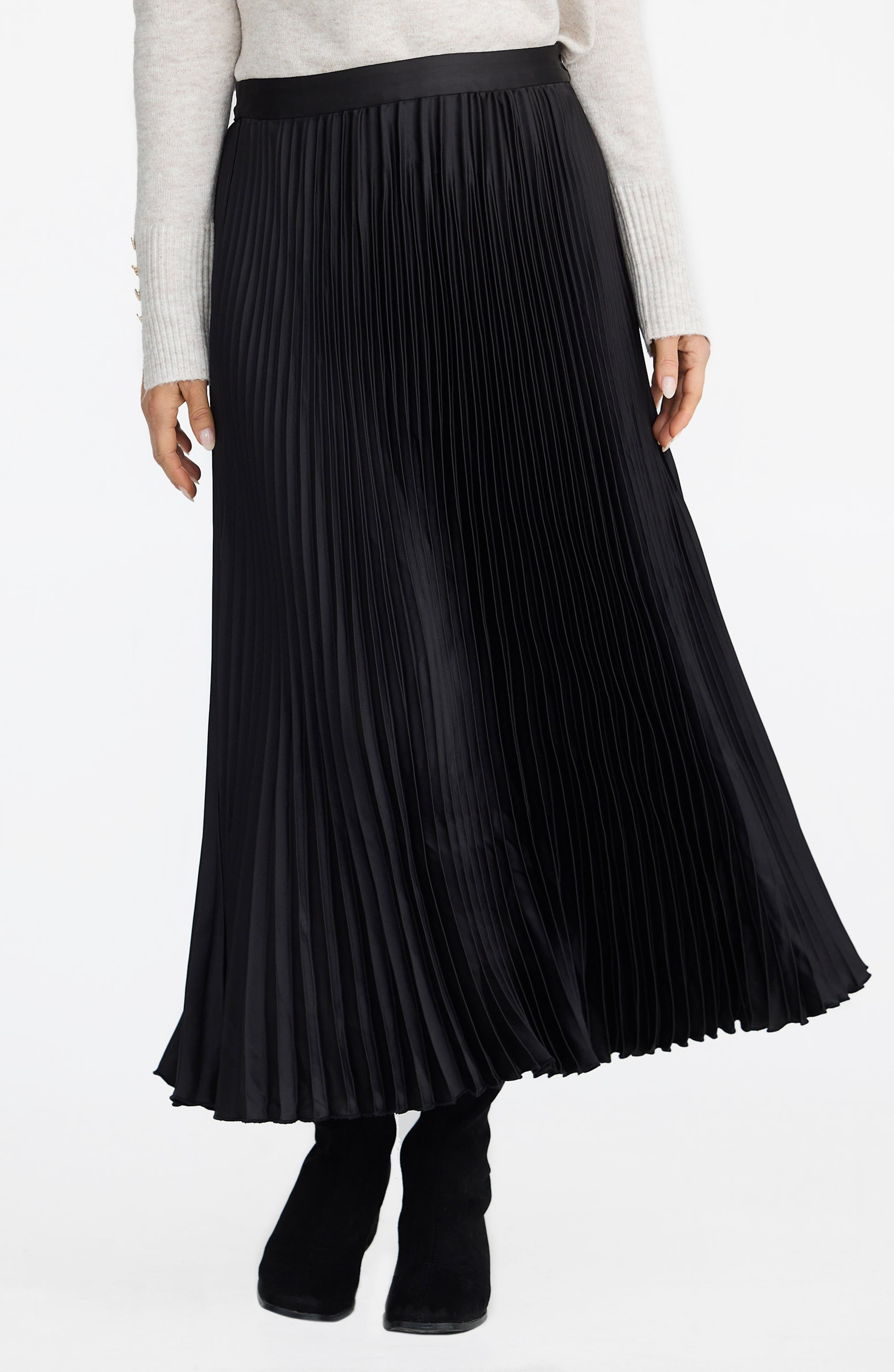 Brave+True Identity Pleated Satin Skirt in Black 