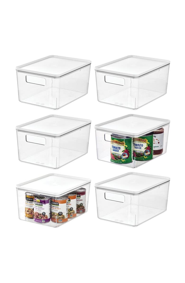 Basic Pantry Bin with Removable Lid - Plastic Storage Bin with Handles - Set of 6, Clear/White, Main, color, Clear