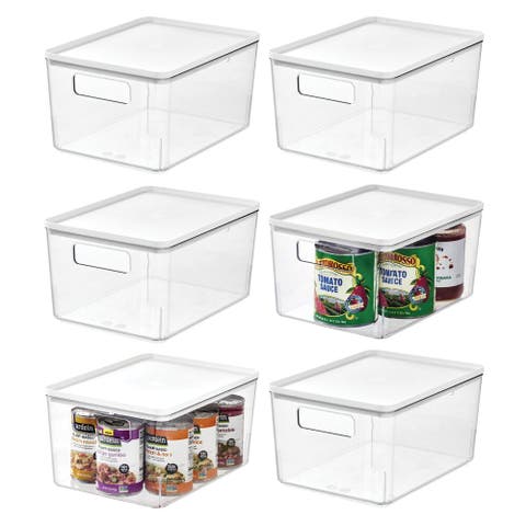Pantry Bin with Removable Lid - Plastic Storage Bin with Handles - Set of 6, Clear/White