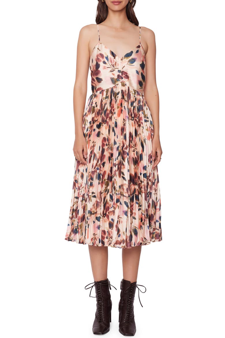 Thea Floral Print Pleated Midi Dress, Main, color, CREAM FLORAL MULTI