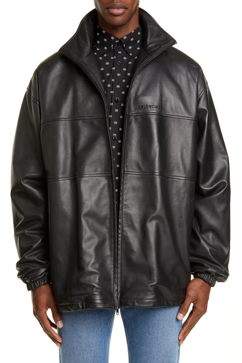 Oversize Lambskin Leather Track Jacket, Main, color, BLACK
