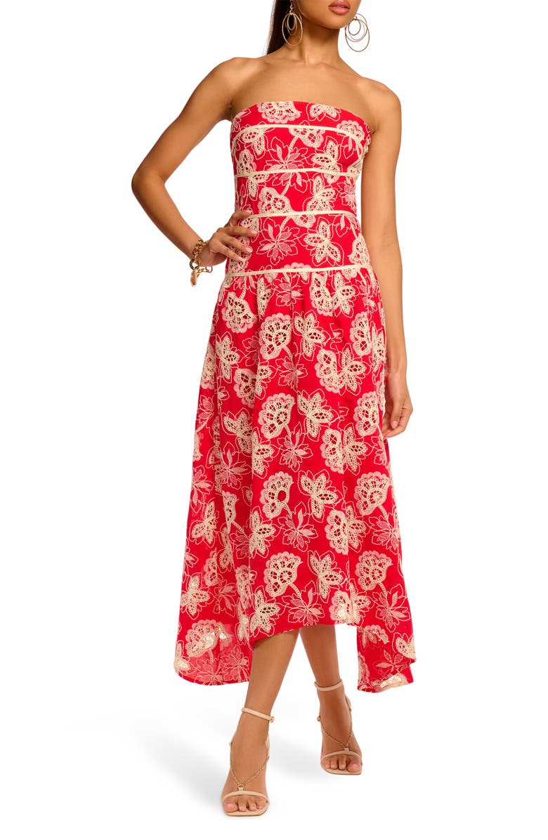 Ramy Brook Blanca Embroidered Strapless Cotton Dress, Main, color, Flame Flower