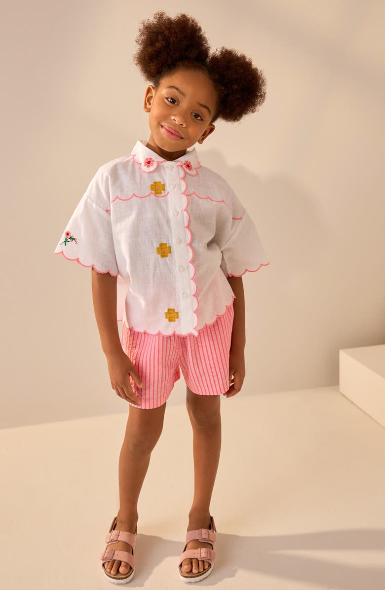 NEXT Kids' Embroidered Short Sleeve Cotton Button-Up Shirt, Alternate, color, White