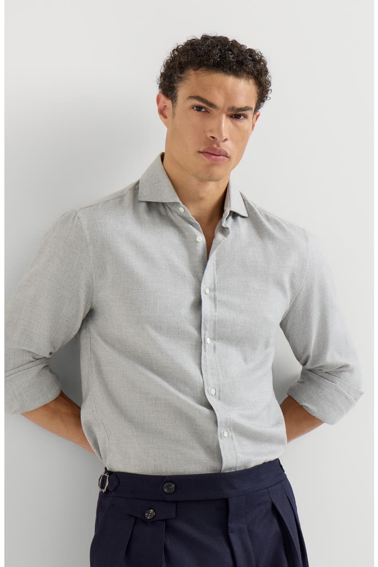 Stretch cotton chevron flannel shirt with spread collar, Alternate, color, Grey