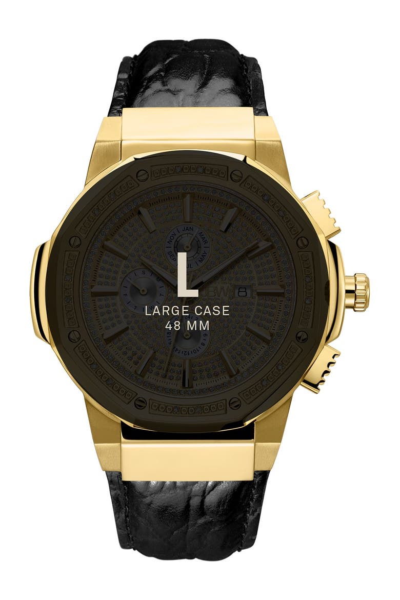Men's Saxon Diamond Croc Embossed Leather Strap Watch, 48mm - 0.16 ctw, Alternate, color, GOLD