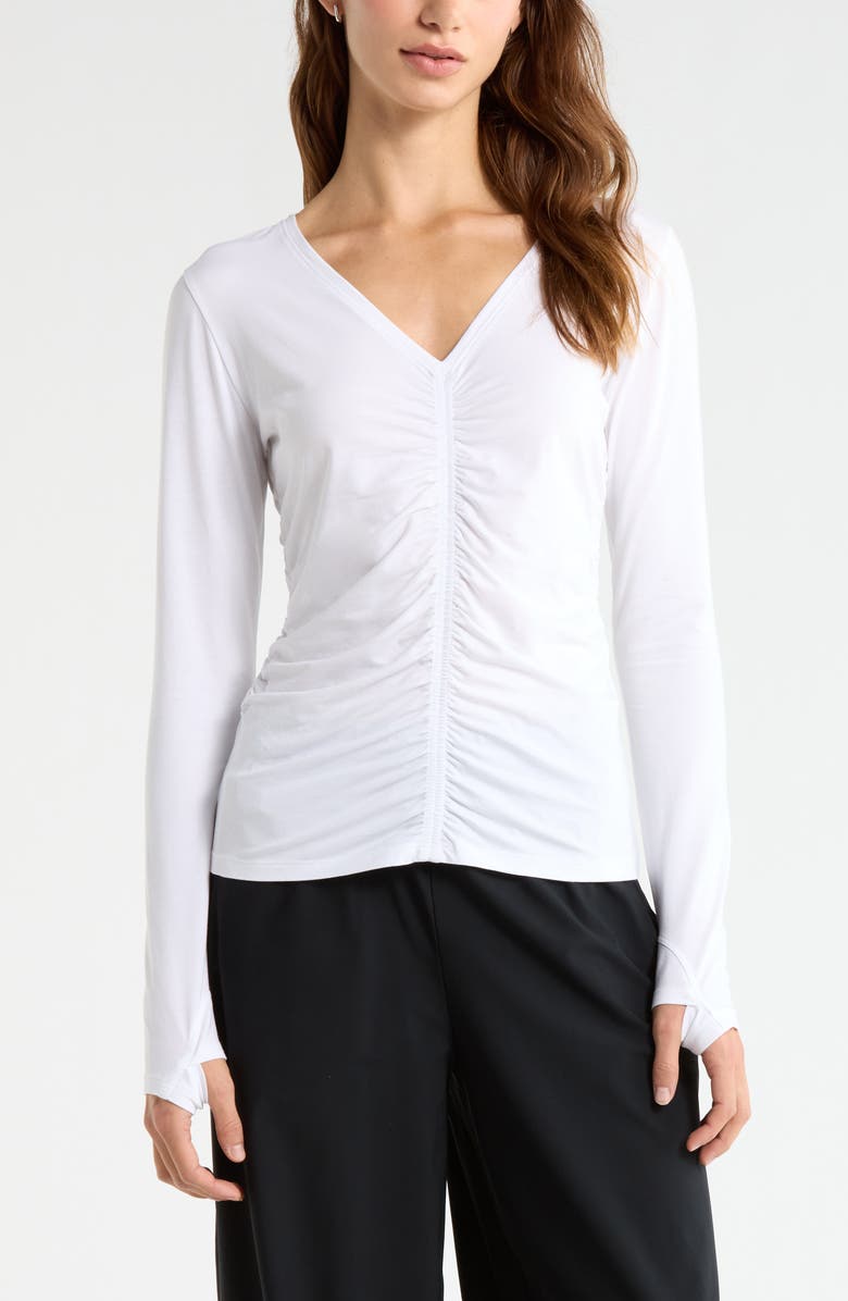 Zella Ruched Long Sleeve T-Shirt, Main, color, White