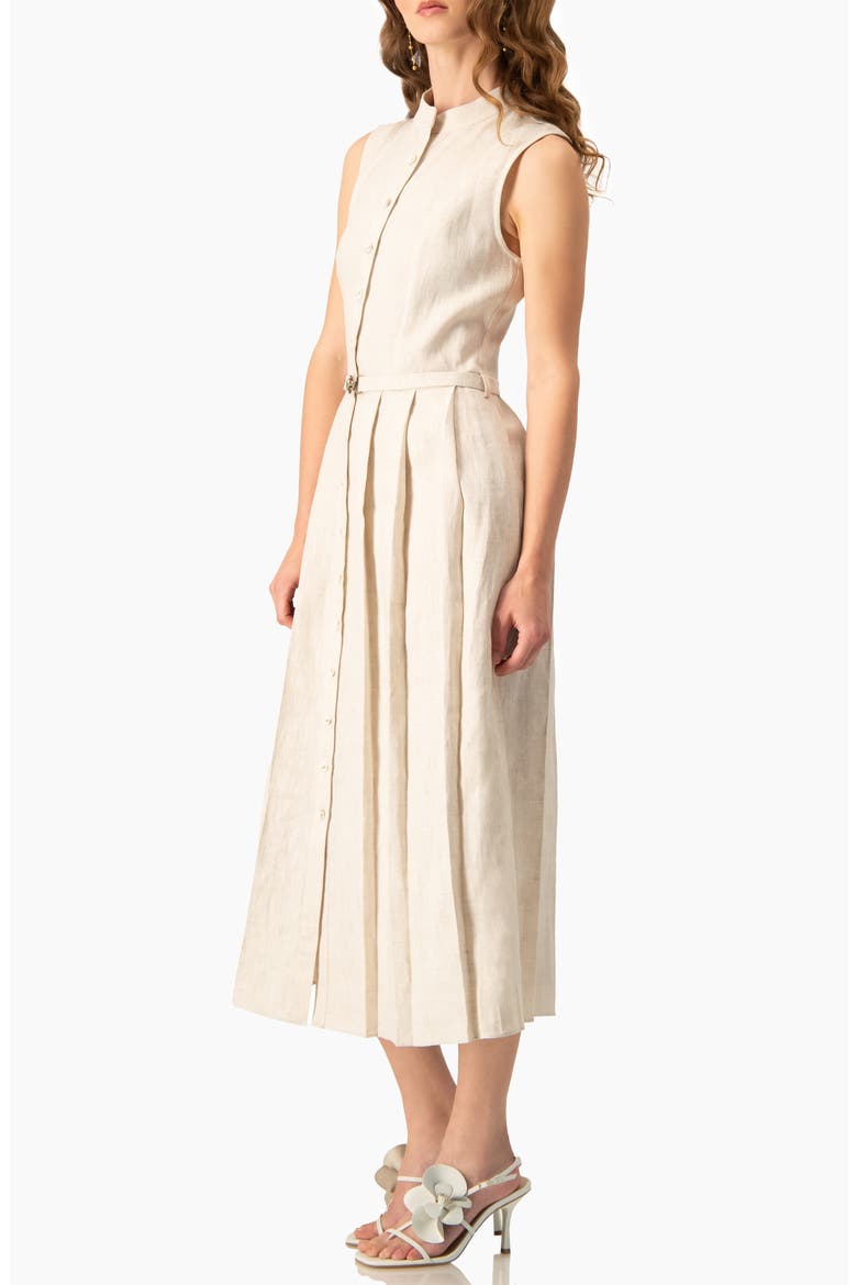 Linen Belted  Midi Shirtdress with Band Collar, Alternate, color, Sand