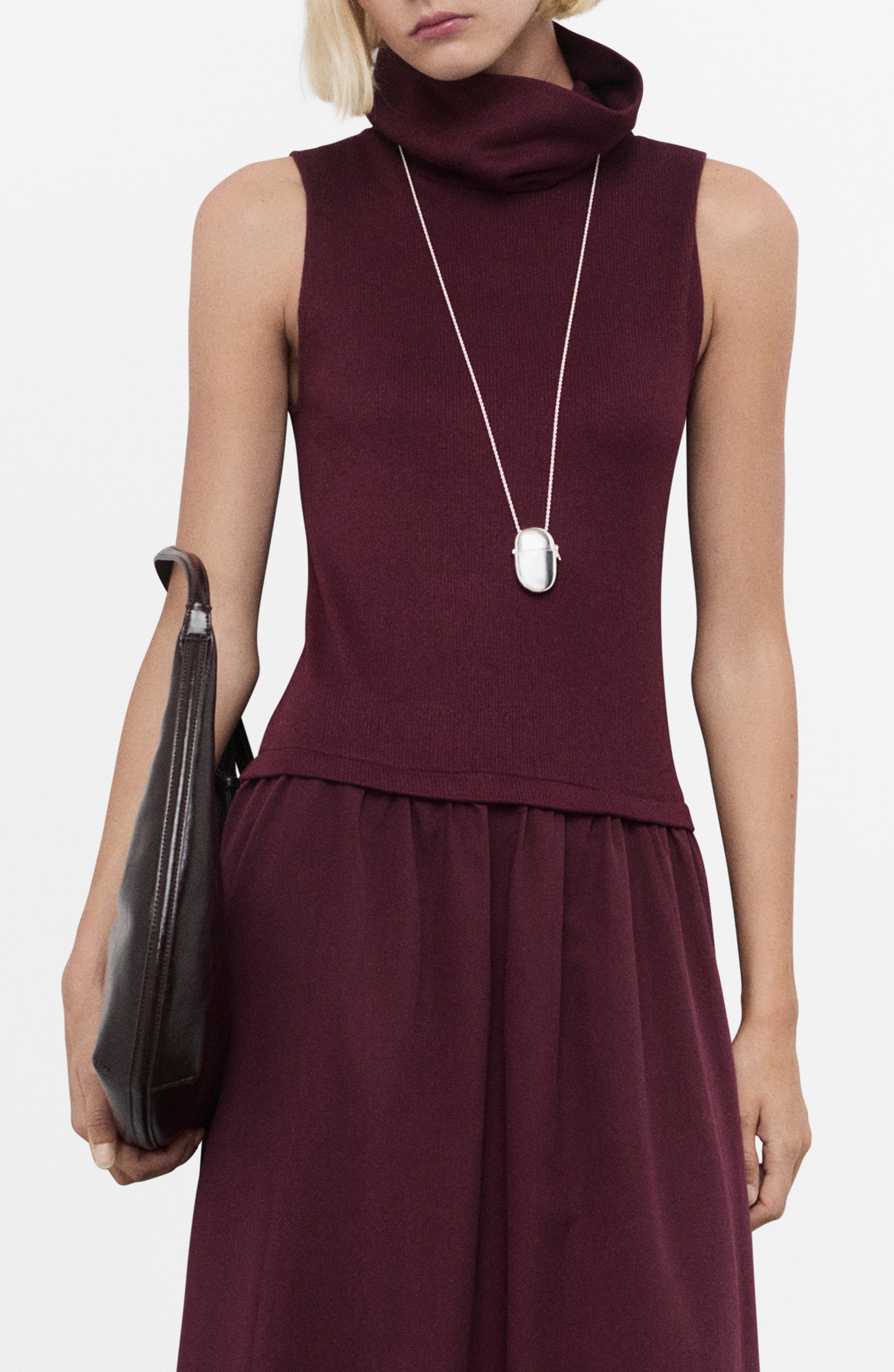 MANGO Funnel Neck Mixed Media Midi Dress