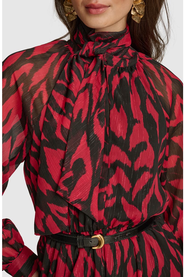 Print Belted Long Sleeve Maxi Dress, Alternate, color, BLACK/ METROPOLITAN RED