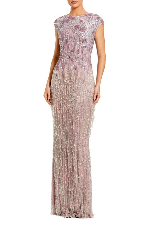 Petite Embellished Cap Sleeve Gown With Fringe Beading