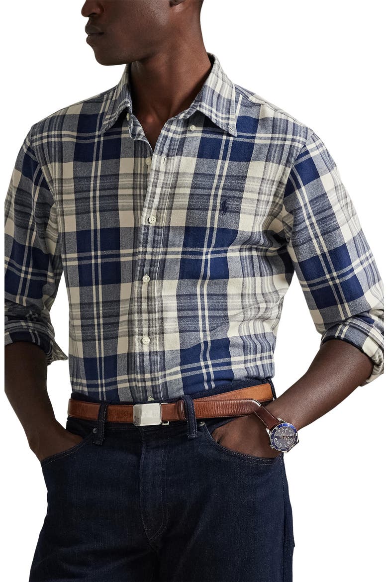 Classic Fit Brushed Plaid Cotton Button-Down Oxford Shirt, Main, color, OFF WHITE NAVY MULTI