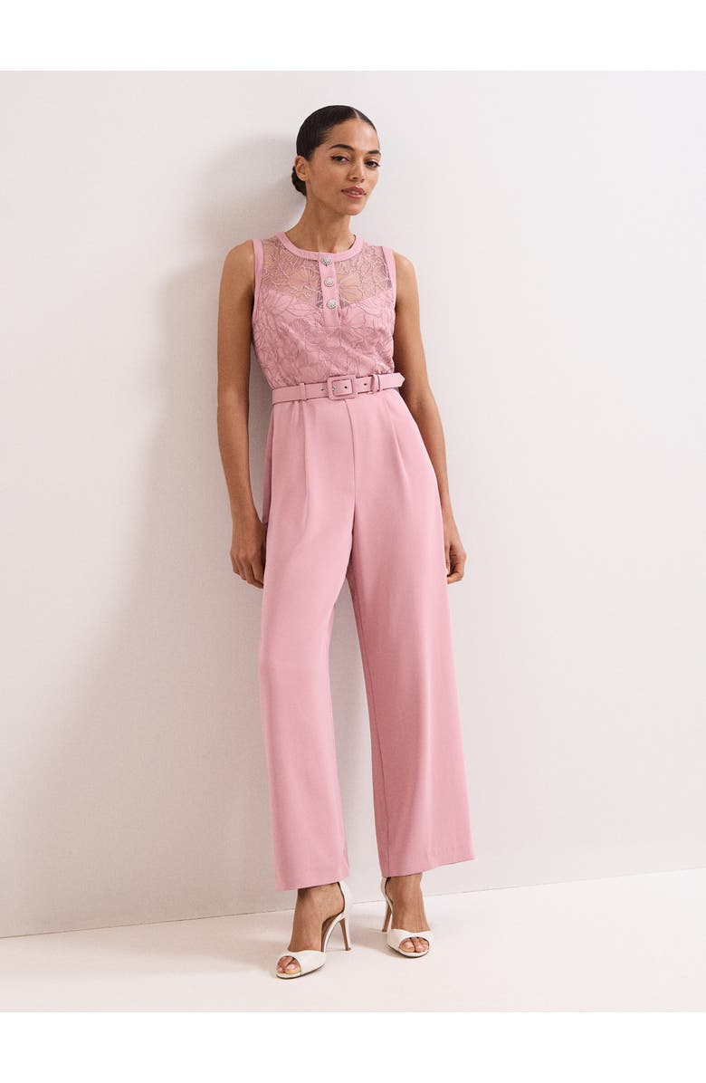 Phase Eight Ivanna Lace Bodice Belted Jumpsuit, Main, color, Pale Pink