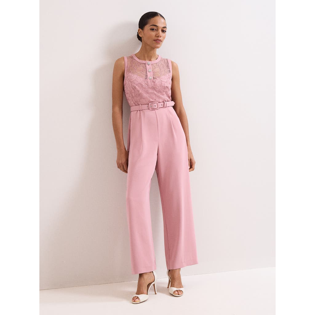 Phase Eight Ivanna Lace Bodice Belted Jumpsuit in Pale Pink at Nordstrom, Size 8