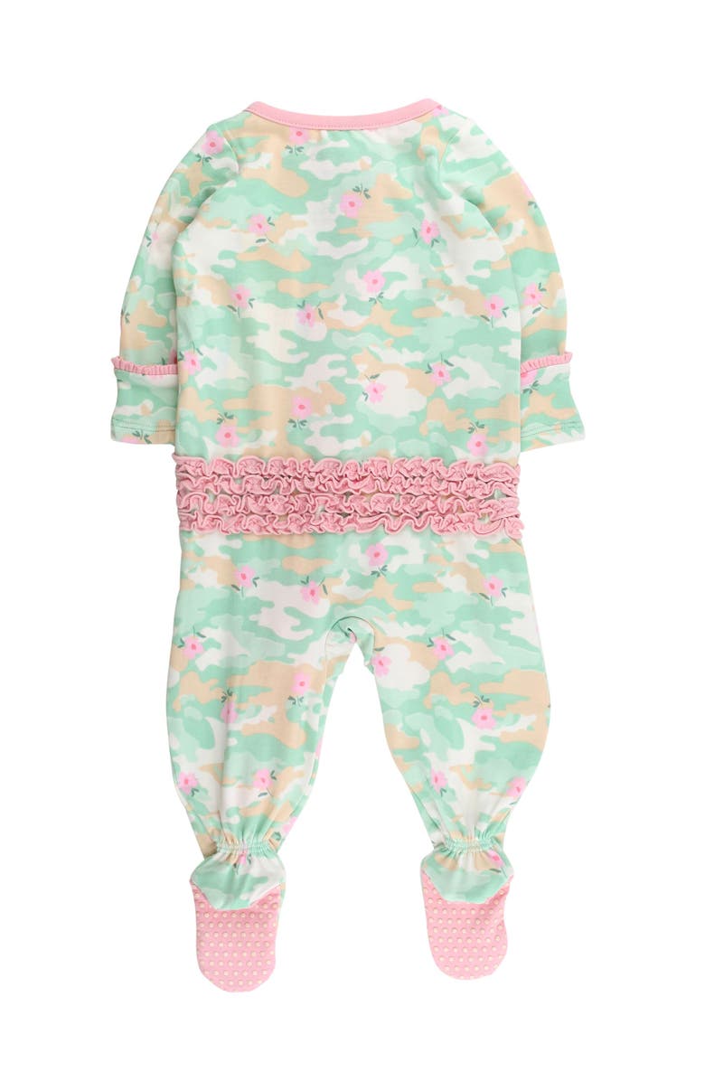 RuffleButts Baby Girls Modal Blend Ruffle One Piece Footie Pajamas, Alternate, color, Sage Blossom Camo