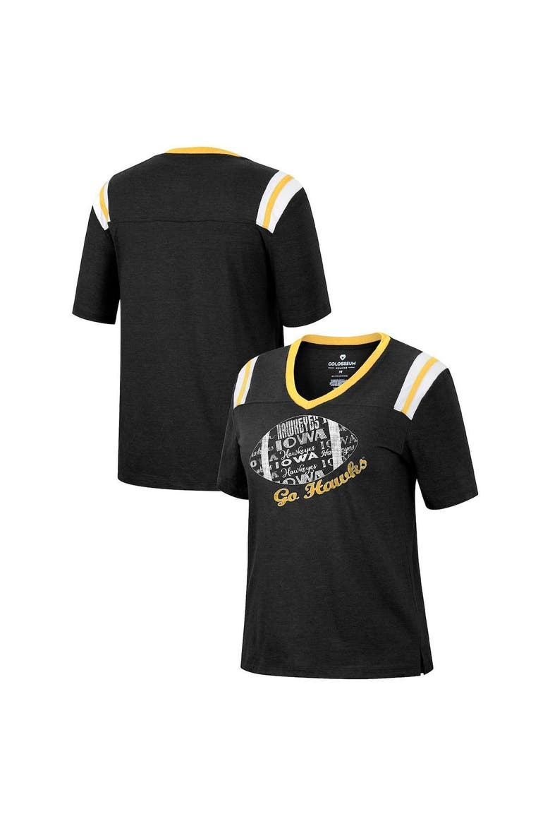 Women's Colosseum Heathered Black Iowa Hawkeyes 15 Min Early Football V-Neck T-Shirt, Main, color, Heather Black