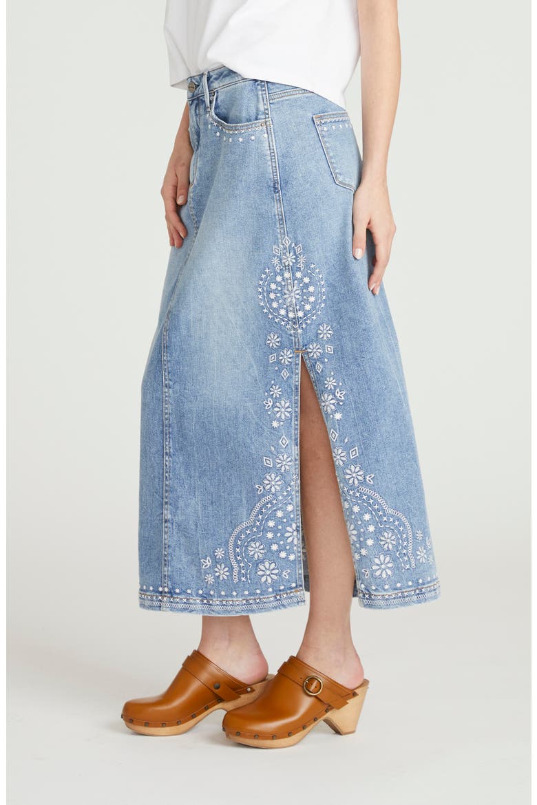 Svetlana Embroidered Denim Midi Skirt, Alternate, color, LIGHT WASH