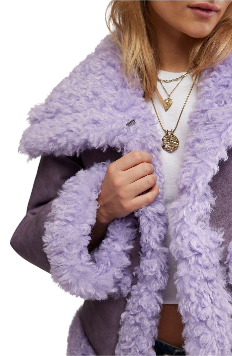 Free People Kiki Faux Leather Jacket with High Pile Fleece Trim, Alternate, color, Lilac Combo