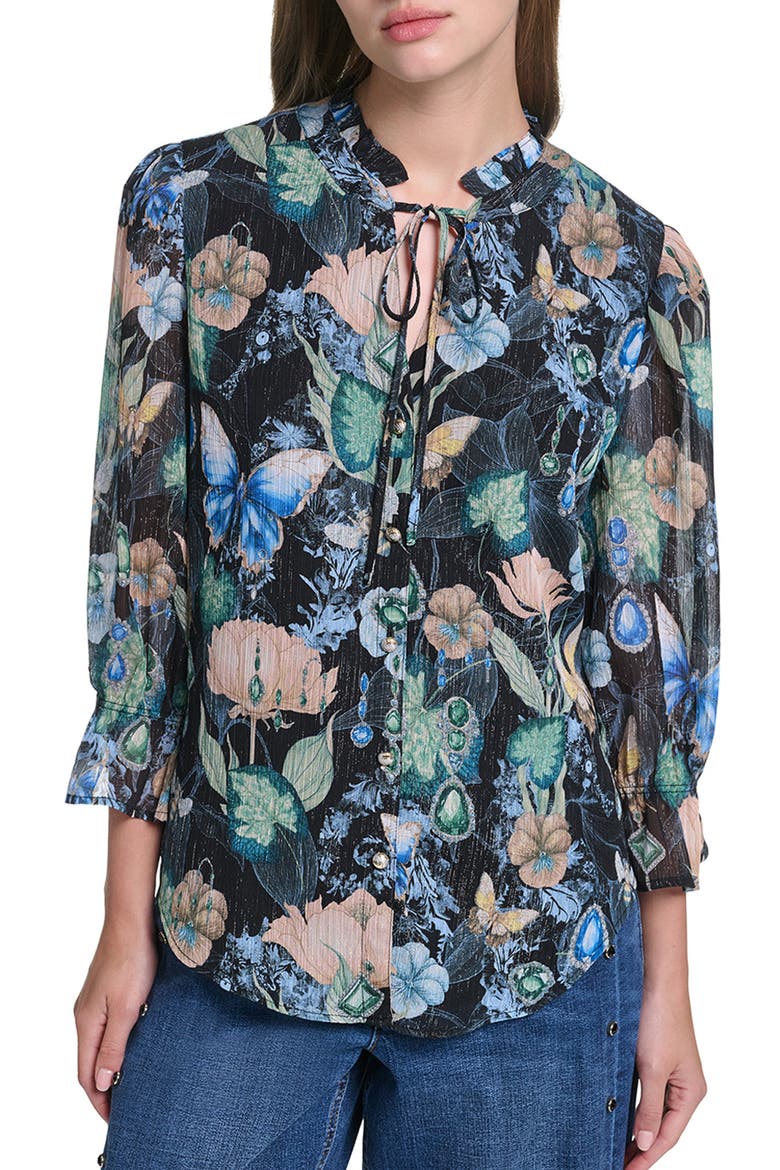 Ruffle Collar Printed Shirt, Main, color, BLACK/ MULTI