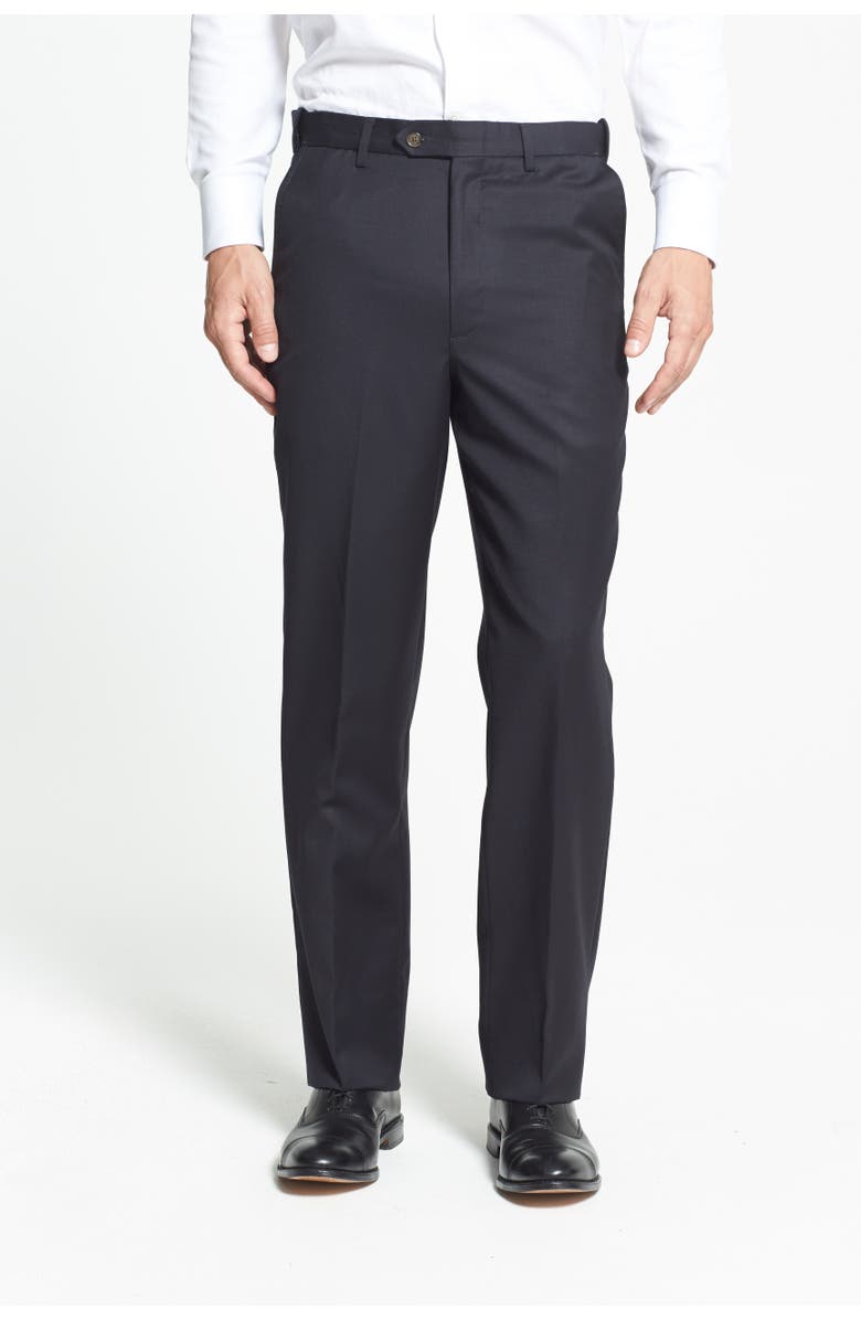 Berle Self Sizer Waist Flat Front Classic Fit Wool Gabardine Trousers, Alternate, color, Black