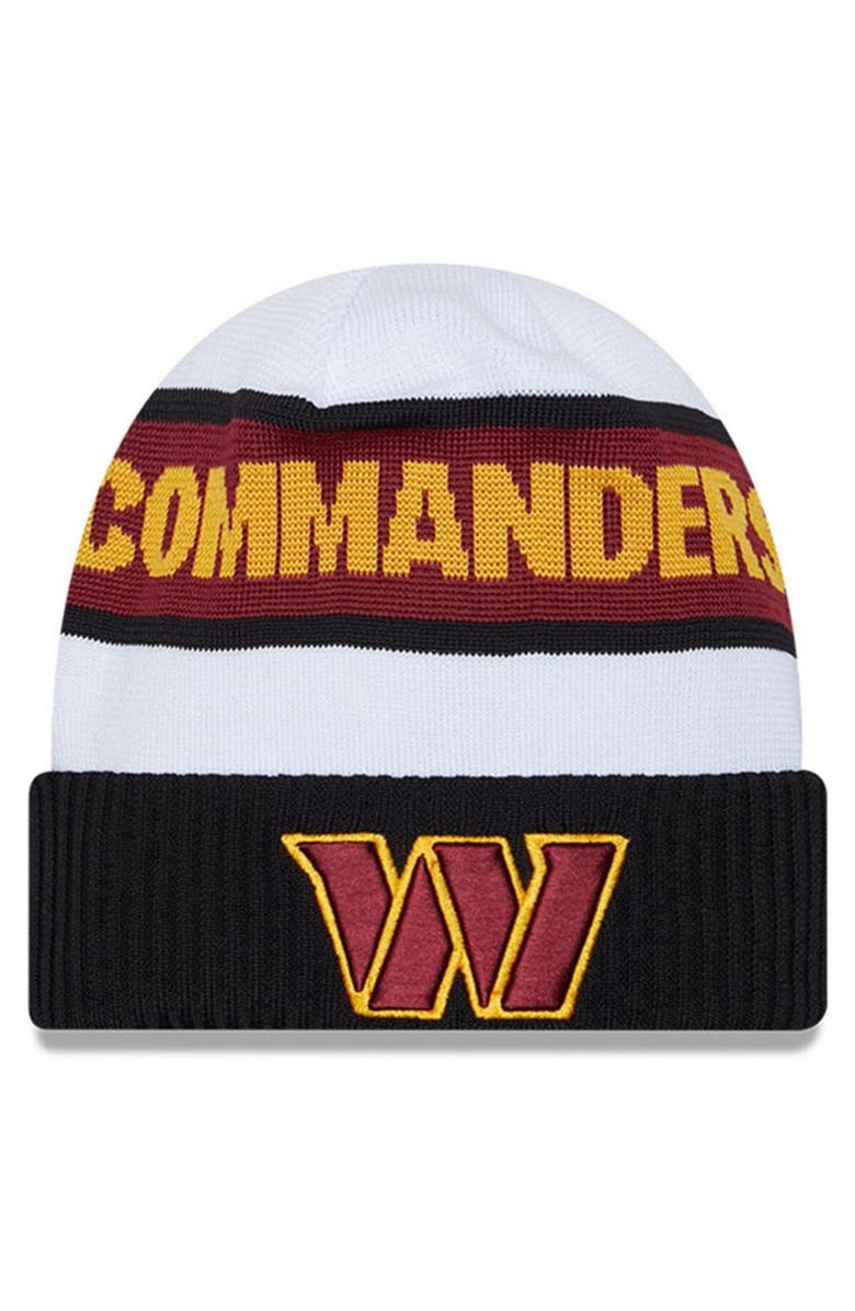 New Era Men's New Era White/Black Washington Commanders 2023 Sideline Tech Cuffed Knit Hat, Main, color,